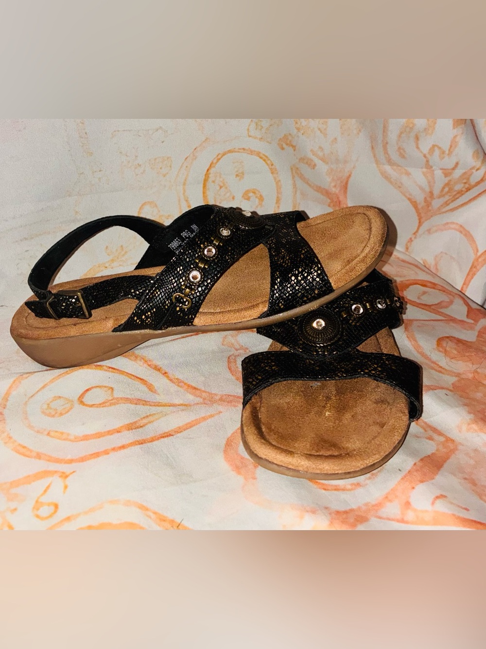 Minnetonka Comfort Slide Sandals in Black & Gold with Decorative Studs